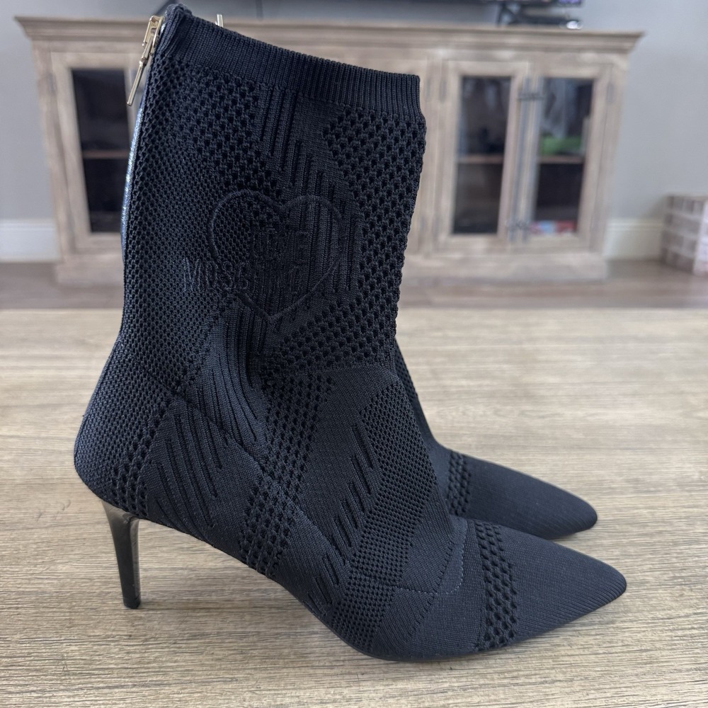Love Moschino Heel Sock Boot Size 38 Point Toe Black Stretch Knit